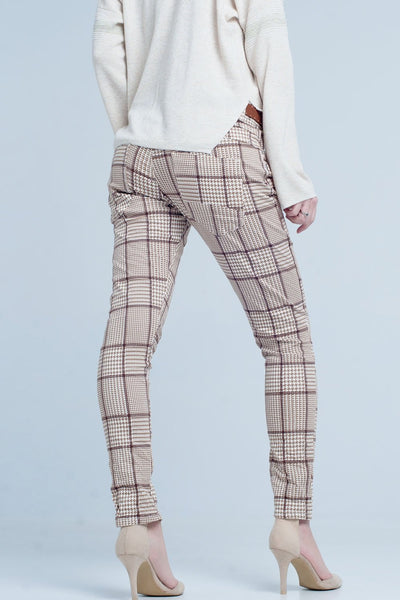 Beige Check Plaid Pants