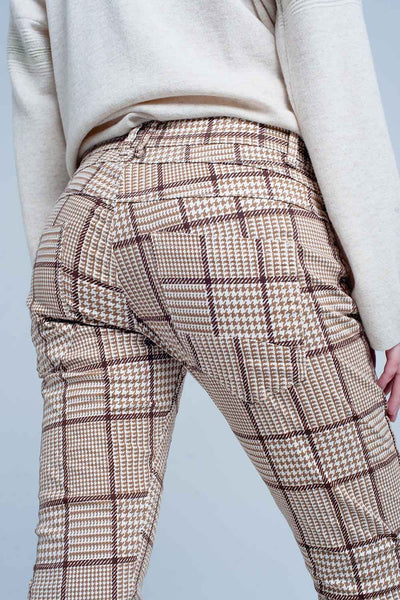 Beige Check Plaid Pants