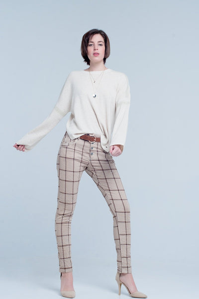 Beige Check Plaid Pants