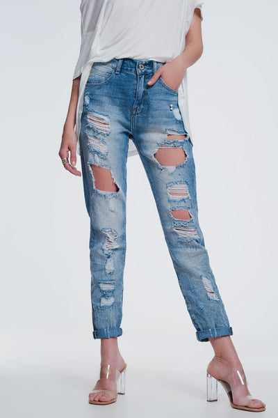 Heavily Torn Straight Jeans