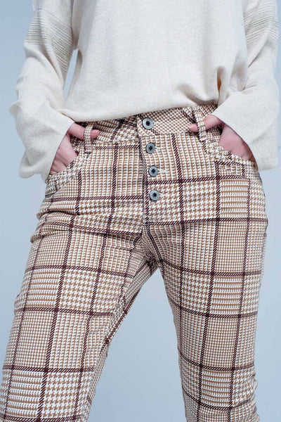 Beige Check Plaid Pants