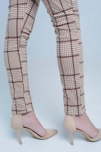 Beige Check Plaid Pants