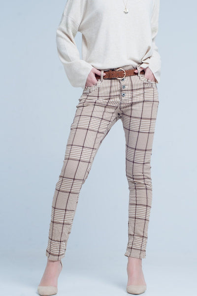Beige Check Plaid Pants
