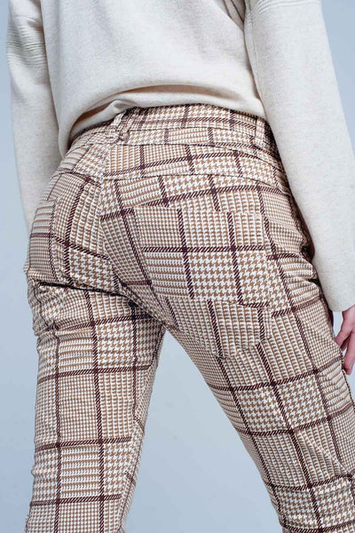 Beige Check Plaid Pants