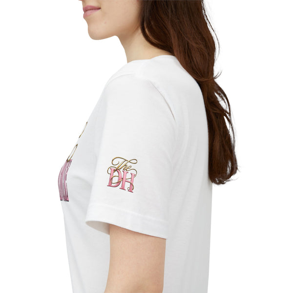 Dollhouse Script Tee — Gold & Pink Retro Logo T-Shirt