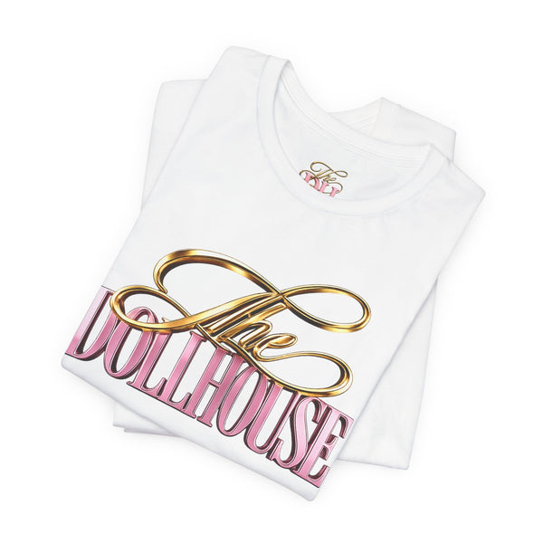 Dollhouse Script Tee — Gold & Pink Retro Logo T-Shirt