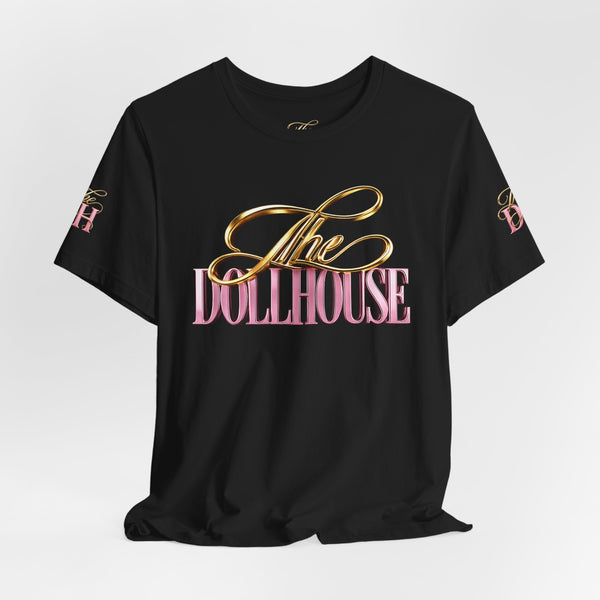 Dollhouse Script Tee — Gold & Pink Retro Logo T-Shirt