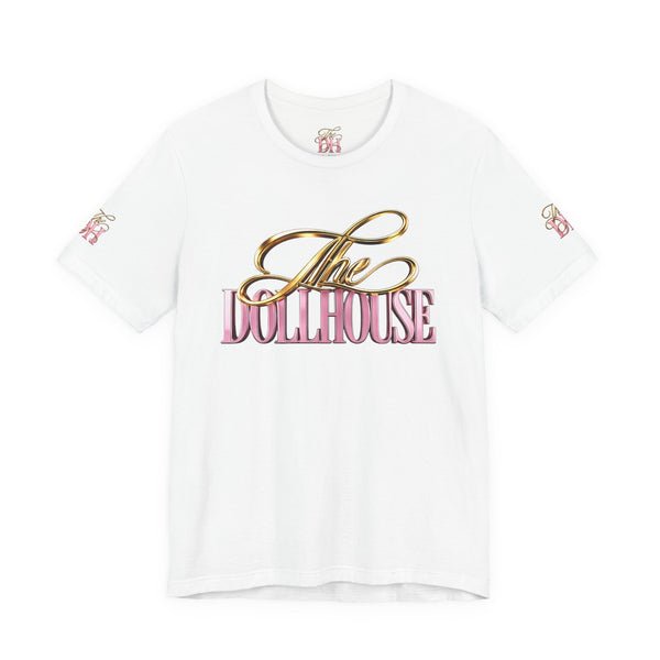 Dollhouse Script Tee — Gold & Pink Retro Logo T-Shirt