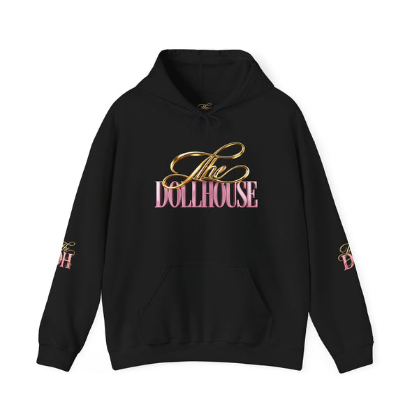 Dollhouse Logo Hoodie — Retro Pink & Gold Graphic Pullover