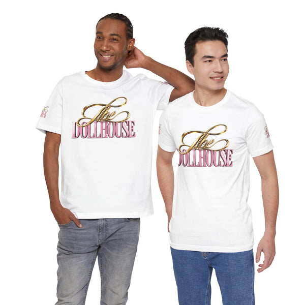 Dollhouse Script Tee — Gold & Pink Retro Logo T-Shirt