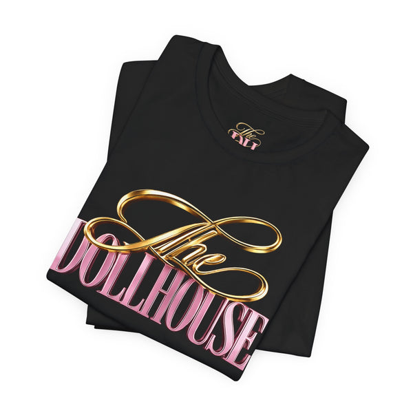 Dollhouse Script Tee — Gold & Pink Retro Logo T-Shirt