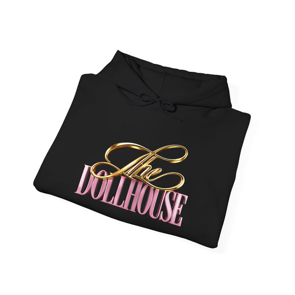 Dollhouse Logo Hoodie — Retro Pink & Gold Graphic Pullover