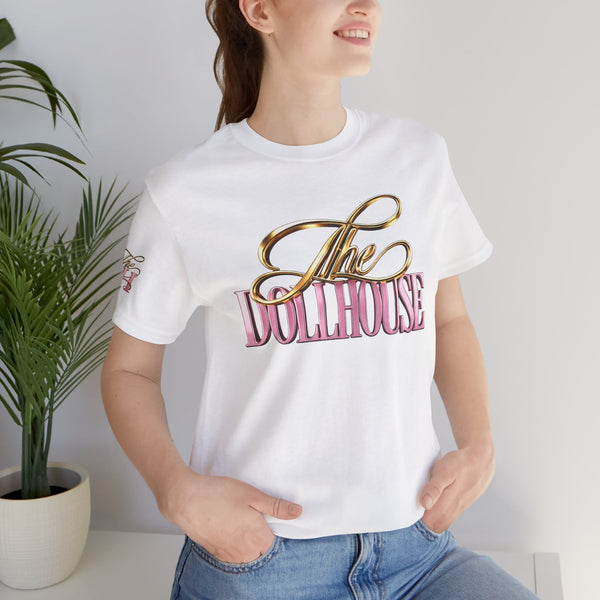 Dollhouse Script Tee — Gold & Pink Retro Logo T-Shirt