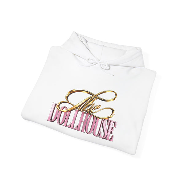Dollhouse Logo Hoodie — Retro Pink & Gold Graphic Pullover