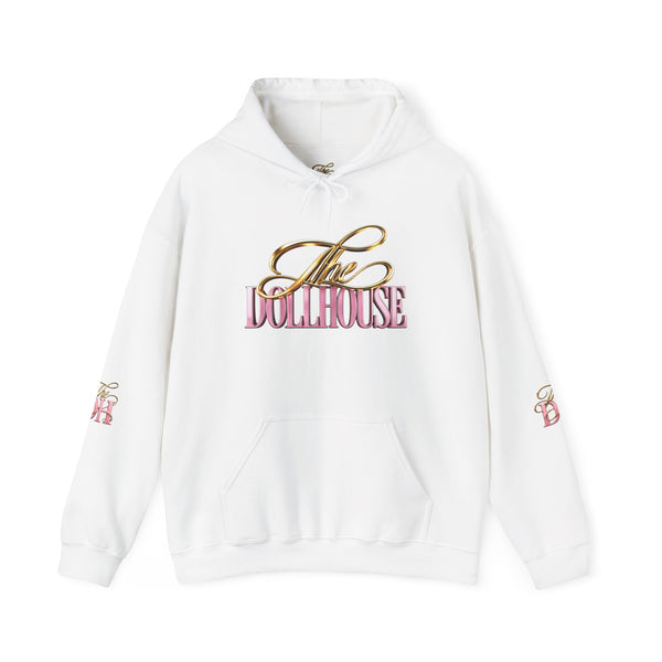 Dollhouse Logo Hoodie — Retro Pink & Gold Graphic Pullover
