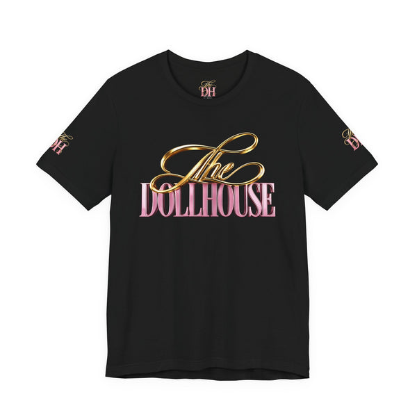 Dollhouse Script Tee — Gold & Pink Retro Logo T-Shirt